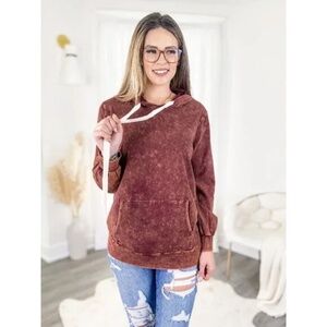 Zenana Women's Persimmon Relaxed Fit Acid Washed Distressed Hoodie